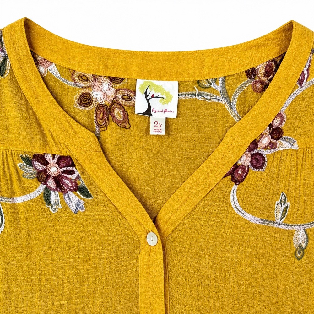 Fig & Flower 2X Mustard Yellow Embroidered Boho Blouse Floral Tunic Top Plus - Picture 5 of 7